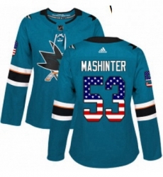 Womens Adidas San Jose Sharks 53 Brandon Mashinter Authentic Teal Green USA Flag Fashion NHL Jersey Womens Adidas San Jose Sharks 53 Brandon Mashinter Authentic Teal Green USA Flag Fashion NHL Jersey