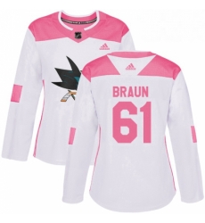Womens Adidas San Jose Sharks 61 Justin Braun Authentic WhitePink Fashion NHL Jersey Womens Adidas San Jose Sharks 61 Justin Braun Authentic WhitePink Fashion NHL Jersey