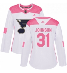 Womens Adidas St Louis Blues 31 Chad Johnson Authentic White Pink Fashion NHL Jersey Womens Adidas St Louis Blues 31 Chad Johnson Authentic White Pink Fashion NHL Jersey