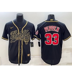 Men Chicago Bulls 33 Scottie Pippen Black Gold With Patch Cool Base Stitched Baseball Jersey Men Chicago Bulls 33 Scottie Pippen Black Gold With Patch Cool Base Stitched Baseball Jersey