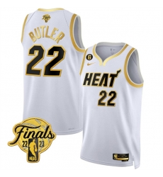 Men Miami Heat 22 Jimmy Butler White Gold Edition 2023 Finals Collection With NO 6 Patch Stitched Basketball Jersey Men Miami Heat 22 Jimmy Butler White Gold Edition 2023 Finals Collection With NO 6 Patch Stitched Basketball Jersey