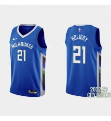 Men Milwaukee Bucks 21 Jrue Holiday 2022 23 Blue City Edition Stitched Basketball Jersey Men Milwaukee Bucks 21 Jrue Holiday 2022 23 Blue City Edition Stitched Basketball Jersey