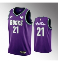Men Milwaukee Bucks 21 Jrue Holiday 2022 23 Purple Classic Edition Swingman Stitched Basketball Jersey Men Milwaukee Bucks 21 Jrue Holiday 2022 23 Purple Classic Edition Swingman Stitched Basketball Jersey