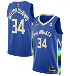 Men Milwaukee Bucks 34 Giannis Antetokounmpo Blue 2022 23 City Edition With NO 6 Patch Stitched Basketball Jersey Men Milwaukee Bucks 34 Giannis Antetokounmpo Blue 2022 23 City Edition With NO 6 Patch Stitched Basketball Jersey