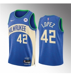 Men Milwaukee Bucks 42 Robin Lopez 2023 24 Blue City Edition Stitched Basketball Jersey Men Milwaukee Bucks 42 Robin Lopez 2023 24 Blue City Edition Stitched Basketball Jersey