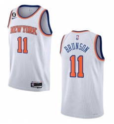 Men New Yok Knicks 11 Jalen Brunson White With NO 6 Patch Stitched Basketball Jersey Men New Yok Knicks 11 Jalen Brunson White With NO 6 Patch Stitched Basketball Jersey