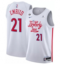 Men Philadelphia 76ers 21 Joel Embiid White 2022 23 City Edition With NO 6 Patch Stitched Basketball Jersey Men Philadelphia 76ers 21 Joel Embiid White 2022 23 City Edition With NO 6 Patch Stitched Basketball Jersey