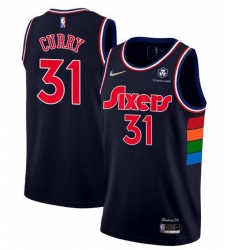 Men Philadelphia 76ers 31 Seth Curry 2021 22 City Edition Navy 75th Anniversary Stitched Swingman Jersey Men Philadelphia 76ers 31 Seth Curry 2021 22 City Edition Navy 75th Anniversary Stitched Swingman Jersey