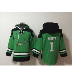 Men Philadelphia Eagles 1 Jalen Hurts Green Ageless Must Have Lace Up Pullover HoodieS Men Philadelphia Eagles 1 Jalen Hurts Green Ageless Must Have Lace Up Pullover HoodieS