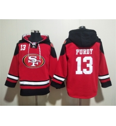 Men San Francisco 49ers 13 Brock Purdy Red Black Ageless Must Have Lace Up Pullover Hoodie Men San Francisco 49ers 13 Brock Purdy Red Black Ageless Must Have Lace Up Pullover Hoodie