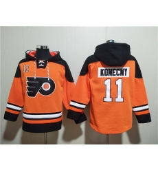 Men Philadelphia Flyers 11 Travis Konecny Orange Ageless Must Have Lace Up Pullover Hoodie Men Philadelphia Flyers 11 Travis Konecny Orange Ageless Must Have Lace Up Pullover Hoodie