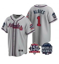 Men Atlanta Braves 1 Ozzie Albies 2021 Gray World Series With 150th Anniversary Patch Cool Base Stitched Jersey Men Atlanta Braves 1 Ozzie Albies 2021 Gray World Series With 150th Anniversary Patch Cool Base Stitched Jersey