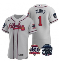 Men Atlanta Braves 1 Ozzie Albies 2021 Gray World Series With 150th Anniversary Patch Stitched Baseball Jersey Men Atlanta Braves 1 Ozzie Albies 2021 Gray World Series With 150th Anniversary Patch Stitched Baseball Jersey