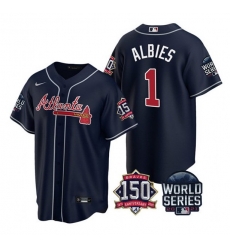 Men Atlanta Braves 1 Ozzie Albies 2021 Navy World Series With 150th Anniversary Patch Cool Base Stitched Jersey Men Atlanta Braves 1 Ozzie Albies 2021 Navy World Series With 150th Anniversary Patch Cool Base Stitched Jersey