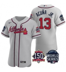 Men Atlanta Braves 13 Ronald Acuna Jr 2021 Grey World Series With 150th Anniversary Patch Stitched Baseball Jersey Men Atlanta Braves 13 Ronald Acuna Jr 2021 Grey World Series With 150th Anniversary Patch Stitched Baseball Jersey