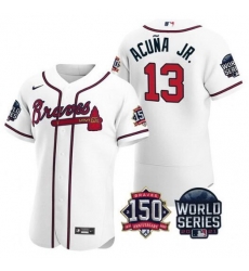 Men Atlanta Braves 13 Ronald Acuna Jr 2021 White World Series With 150th Anniversary Patch Stitched Baseball Jersey Men Atlanta Braves 13 Ronald Acuna Jr 2021 White World Series With 150th Anniversary Patch Stitched Baseball Jersey