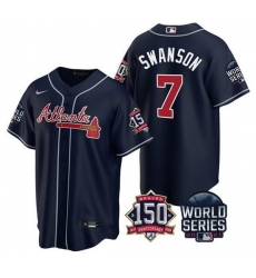 Men Atlanta Braves 7 Dansby Swanson 2021 Navy World Series With 150th Anniversary Patch Cool Base Stitched Jersey Men Atlanta Braves 7 Dansby Swanson 2021 Navy World Series With 150th Anniversary Patch Cool Base Stitched Jersey