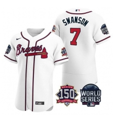 Men Atlanta Braves 7 Dansby Swanson 2021 White World Series With 150th Anniversary Patch Stitched Baseball Jersey Men Atlanta Braves 7 Dansby Swanson 2021 White World Series With 150th Anniversary Patch Stitched Baseball Jersey