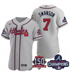 Men's Grey Atlanta Braves #7 Dansby Swanson 2021 World Series Champions With 150th Anniversary Flex Base Stitched Jersey Men's Grey Atlanta Braves #7 Dansby Swanson 2021 World Series Champions With 150th Anniversary Flex Base Stitched Jersey