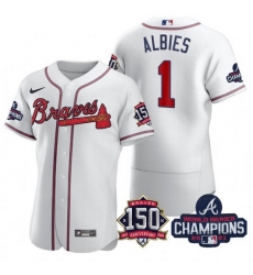 Men's White Atlanta Braves #1 Ozzie Albies 2021 World Series Champions With 150th Anniversary Flex Base Stitched Jersey Men's White Atlanta Braves #1 Ozzie Albies 2021 World Series Champions With 150th Anniversary Flex Base Stitched Jersey
