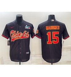 Men Kansas City Chiefs 15 Patrick Mahomes Black With Super Bowl LVII Patch Cool Base Stitched Baseball Jersey Men Kansas City Chiefs 15 Patrick Mahomes Black With Super Bowl LVII Patch Cool Base Stitched Baseball Jersey