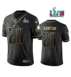 Men Philadelphia Eagles 26 Miles Sanders Black Golden Super Bowl LVII Patch Edition Stitched Football Jersey Men Philadelphia Eagles 26 Miles Sanders Black Golden Super Bowl LVII Patch Edition Stitched Football Jersey