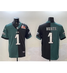 Men Philadelphia Eagles 1 Jalen Hurts Green 26 Black Split 2025 Super Bowl LIX Patch Vapor Untouchable Limited Stitched Football Jersey Men Philadelphia Eagles 1 Jalen Hurts Green 26 Black Split 2025 Super Bowl LIX Patch Vapor Untouchable Limited Stitched Football Jersey