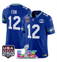 Youth Seattle Seahawks 12 Fan Royal 2025 F U S E Super Bowl LX Patch And 50th Season USA 250 Patch Vapor Throwback Limited Stitched Football Jersey Youth Seattle Seahawks 12 Fan Royal 2025 F U S E Super Bowl LX Patch And 50th Season USA 250 Patch Vapor Throwback Limited Stitched Football Jersey